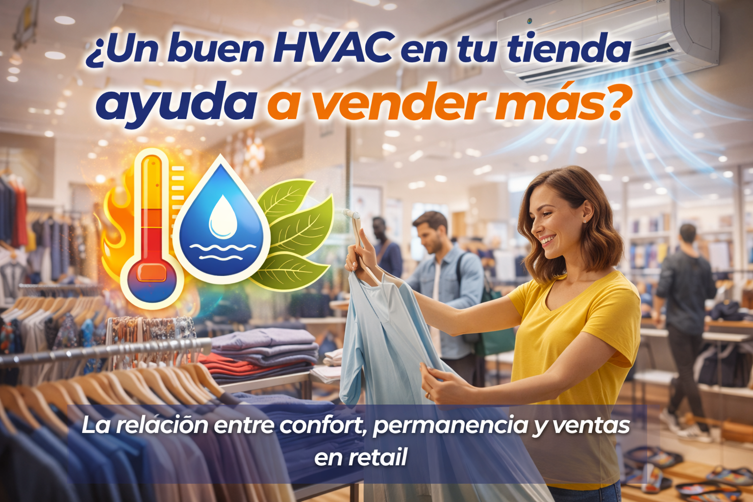 Tienda de ropa con clientes comprando en un ambiente confortable y climatizado.