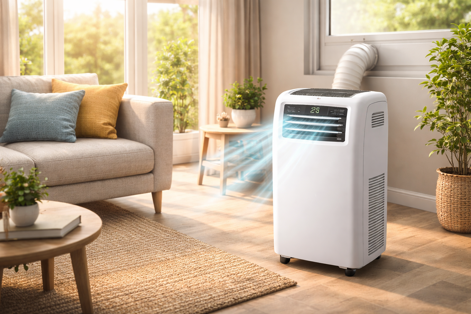 Unidad portátil de aire acondicionado instalada en una sala residencial, con ducto flexible