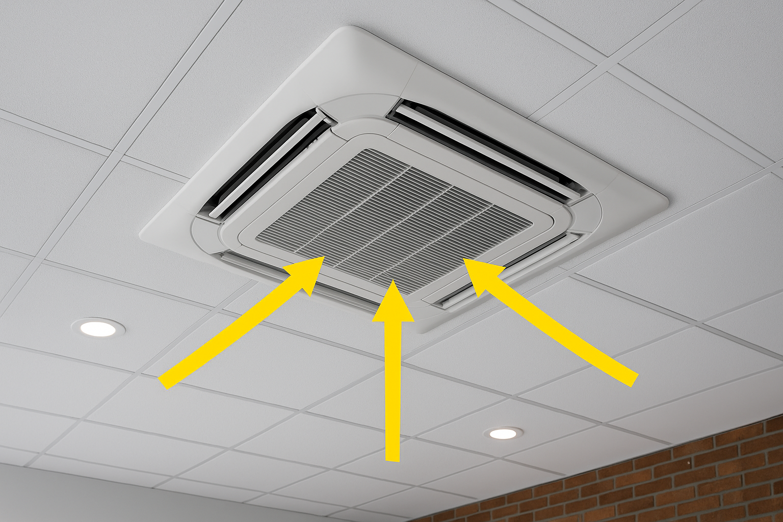 Unidad tipo cassette en plafón de comedor con flechas indicando flujo de aire.
