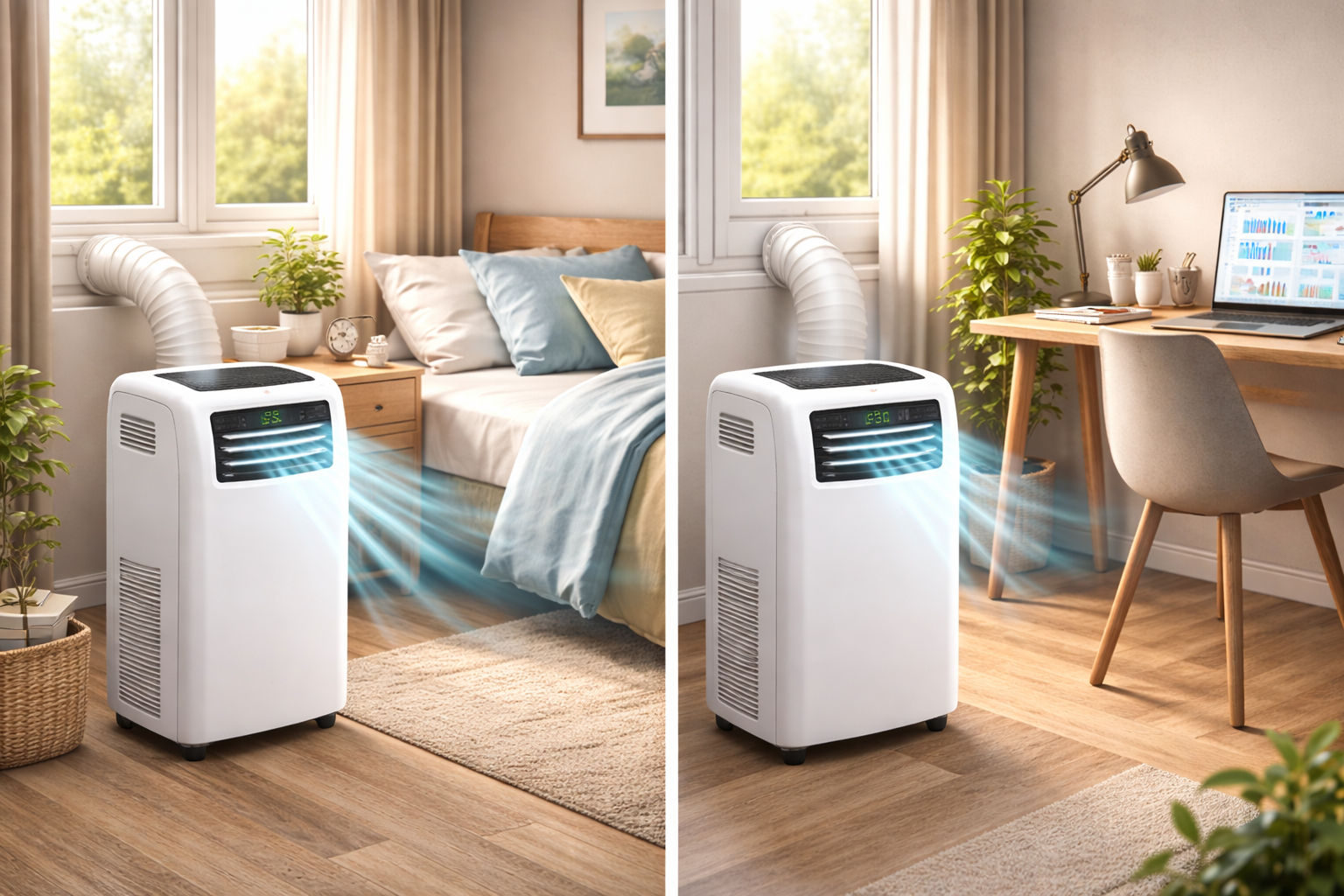 Unidad portátil de aire acondicionado funcionando en un dormitorio y en una oficina pequeña, mostrando su versatilidad para climatizar espacios reducidos de forma temporal y práctica.