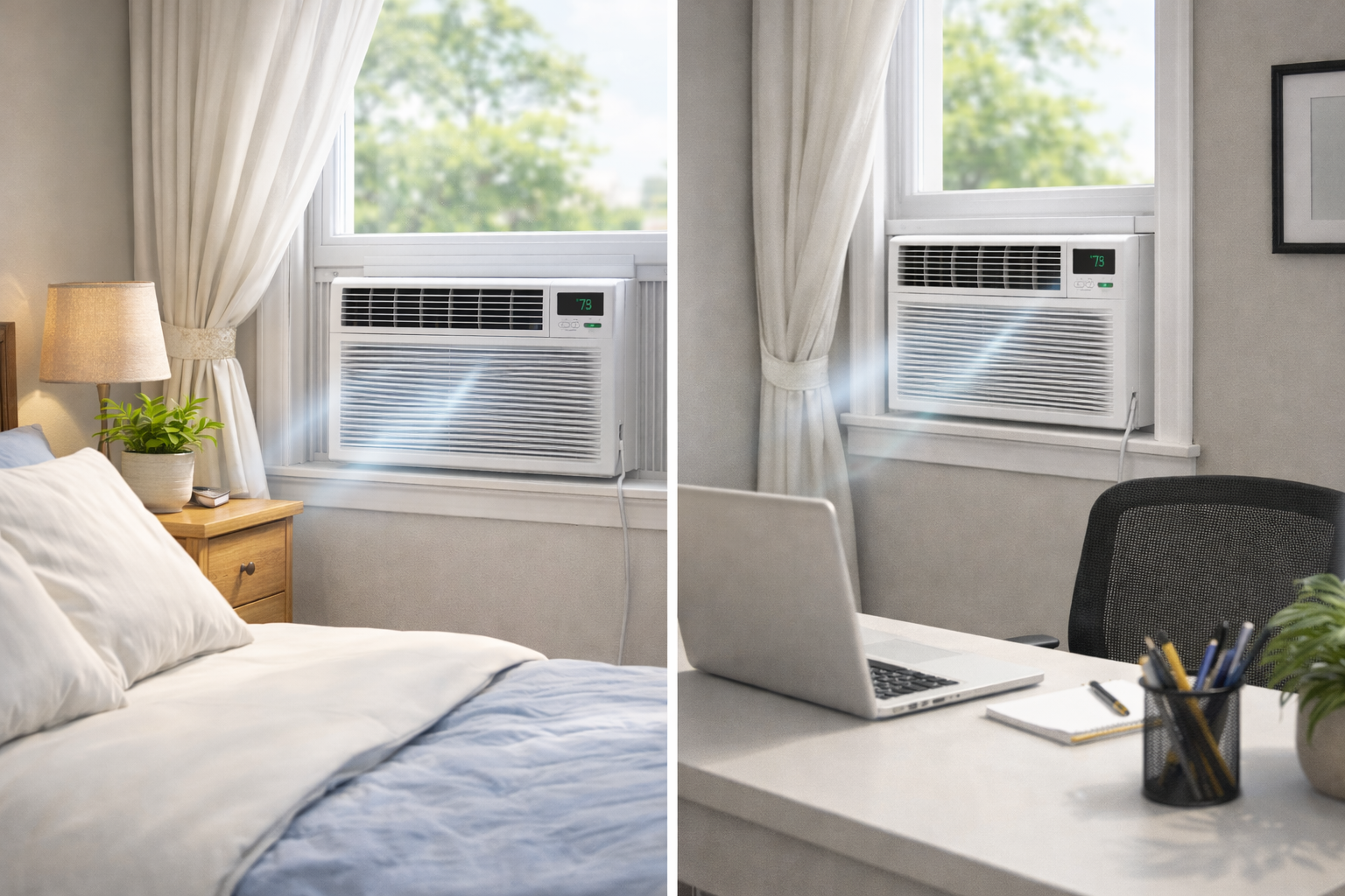 Unidades de aire acondicionado tipo ventana instaladas en un dormitorio residencial y en una oficina pequeña, mostrando su aplicación práctica para climatizar espacios reducidos de forma sencilla y económica.