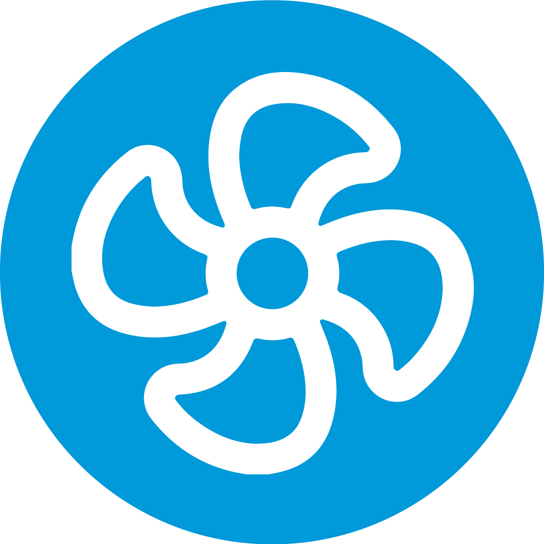 Un círculo azul con una flor blanca dentro