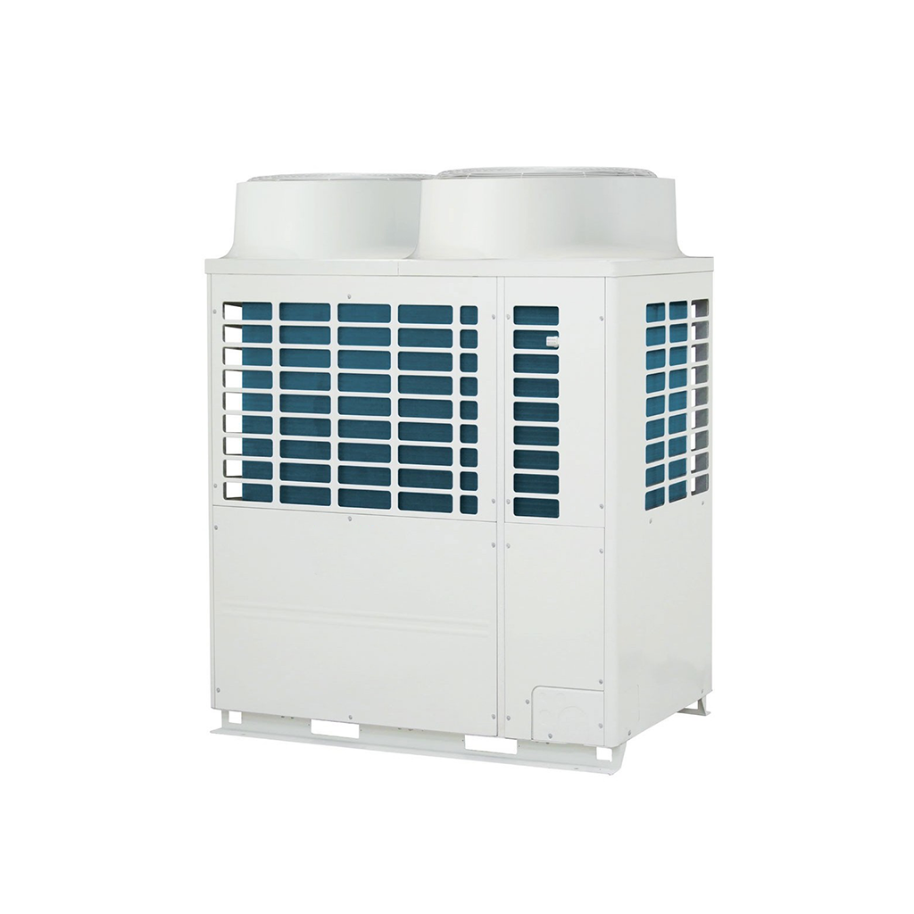 Un aire acondicionado blanco está colocado encima de una paleta blanca sobre un fondo blanco.