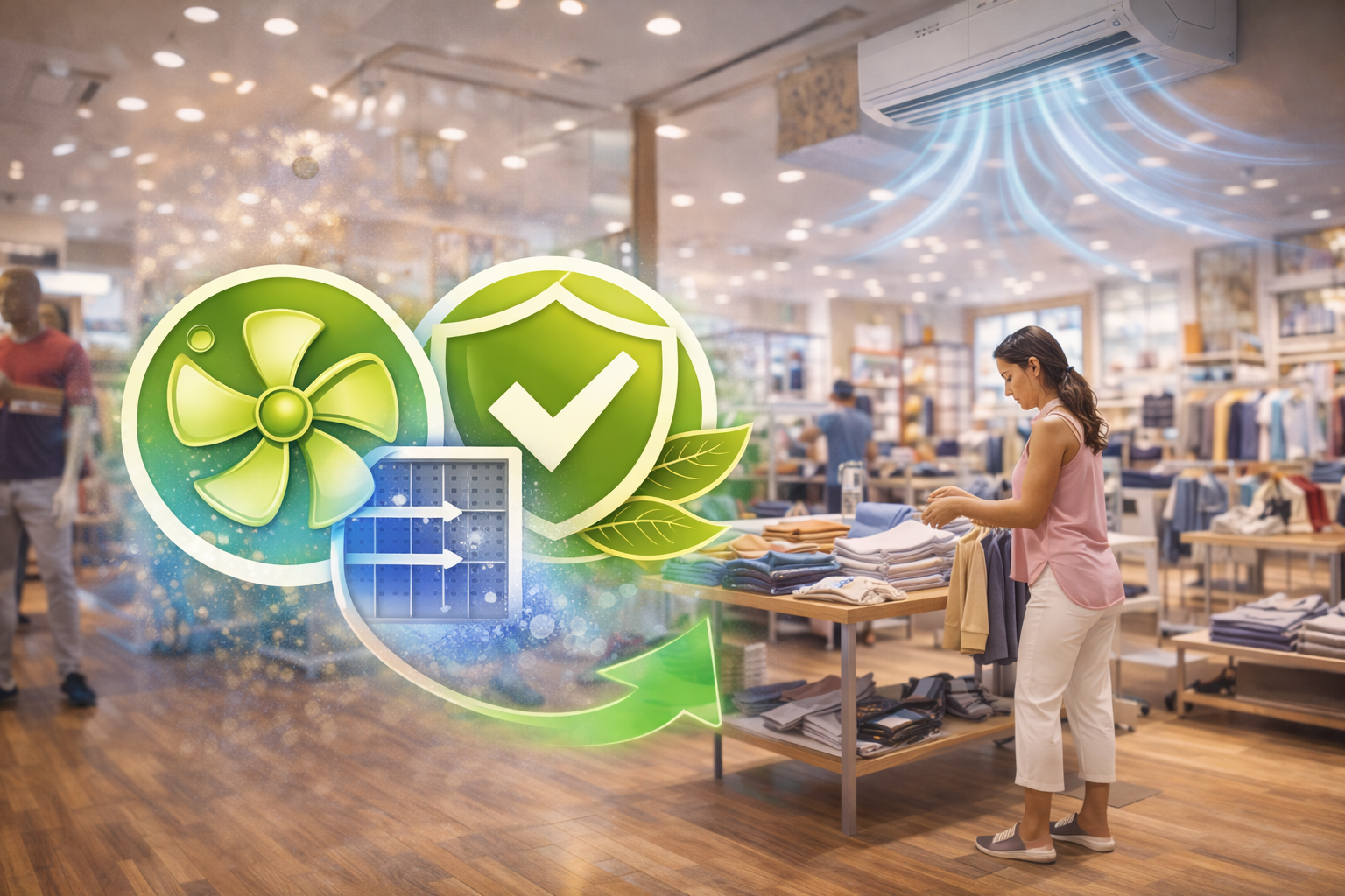 Tienda de ropa con ambiente limpio, aire acondicionado en funcionamiento y elementos visuales de ventilación y filtración, mostrando cómo un buen sistema HVAC mejora la percepción de orden, frescura y confianza del cliente en retail.