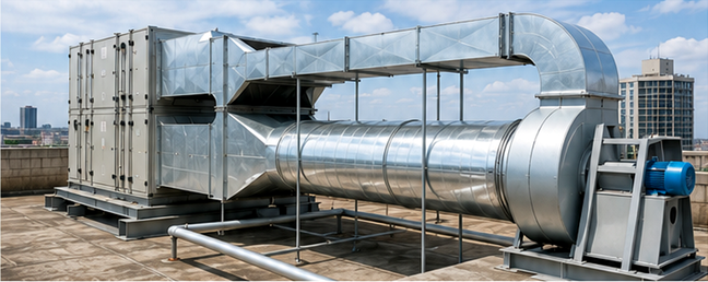 Sistema de ventilación mecánica en azotea con unidad de tratamiento de aire, ventilador y ductos