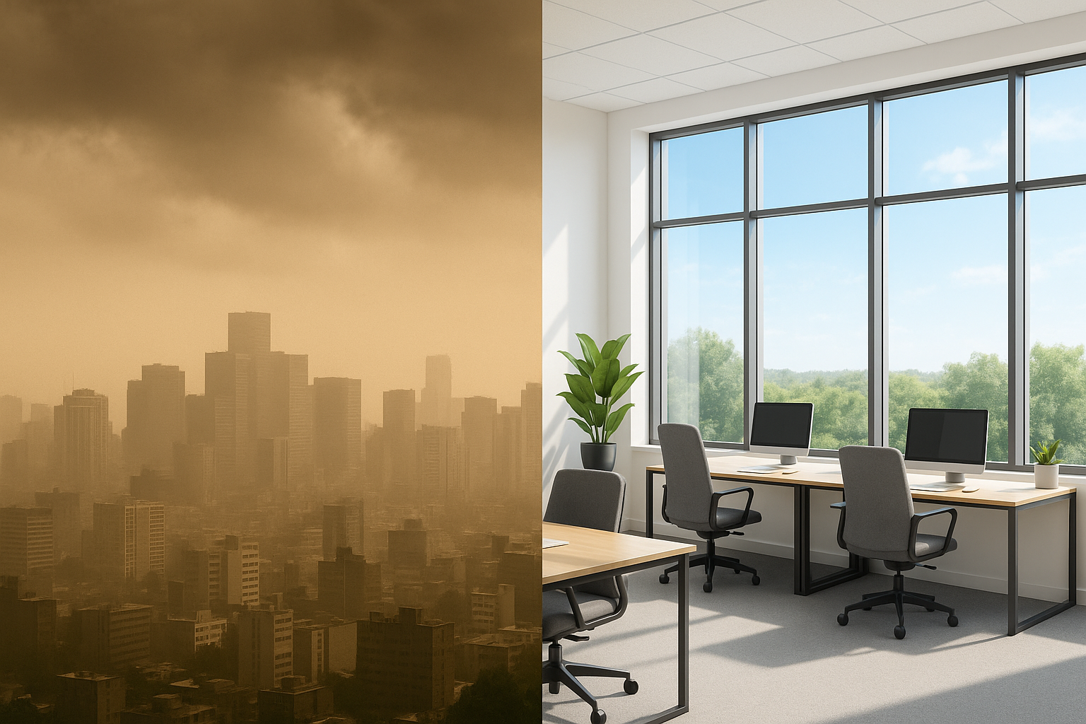 paisaje urbano contaminado (smog) y una oficina moderna con plantas, buena iluminación y ventilación
