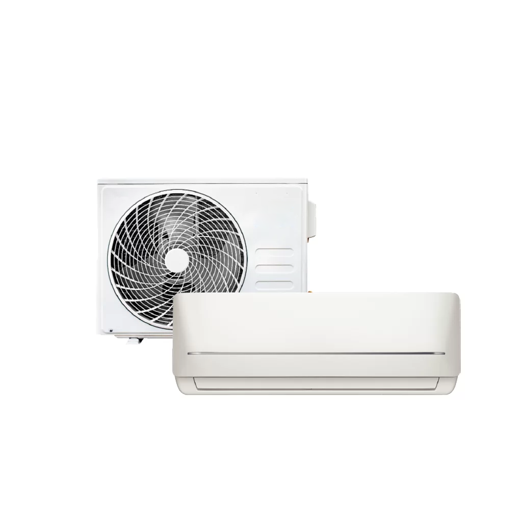 Un aire acondicionado blanco con un ventilador adjunto sobre un fondo blanco.