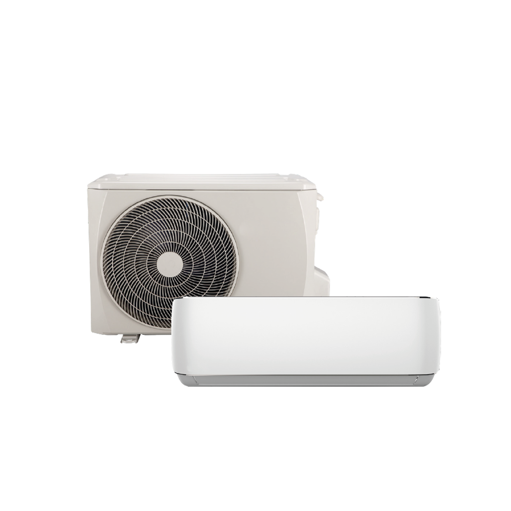 Un aire acondicionado blanco con un ventilador adjunto sobre un fondo blanco.