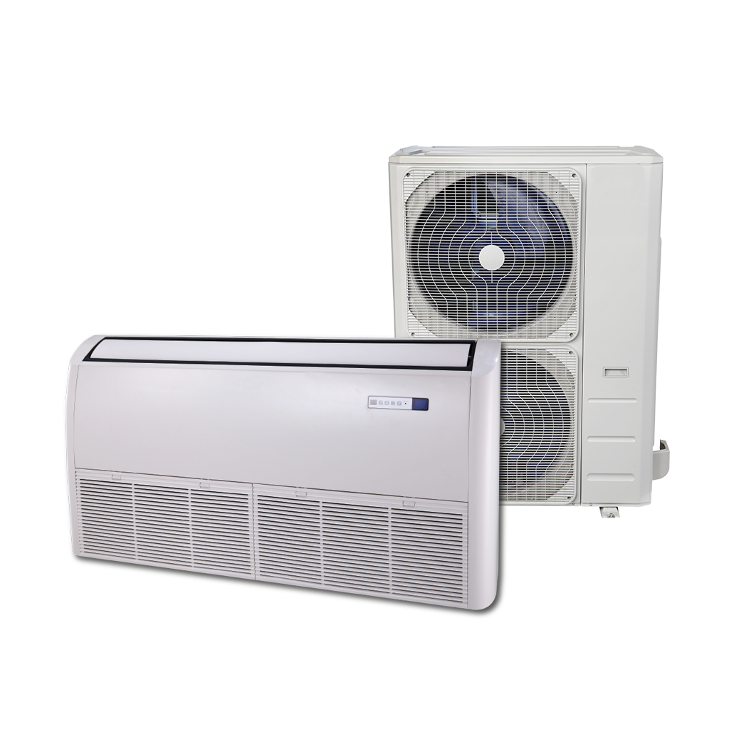 Dos aparatos de aire acondicionado están uno al lado del otro sobre un fondo blanco.
