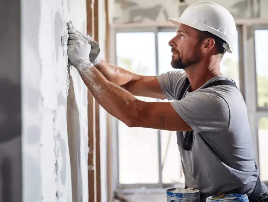 Worker in a hard hat plastering drywall in a bright room under renovation