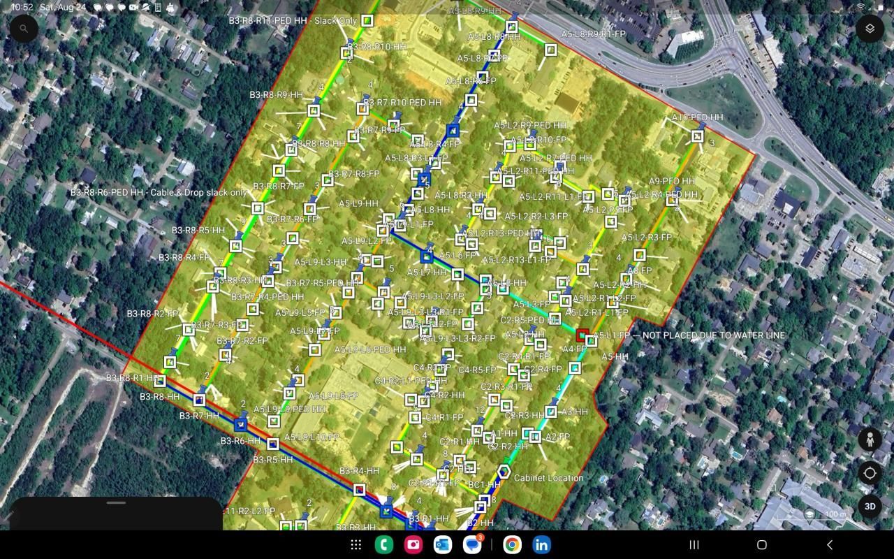 Overhead view of a map with yellow highlighted area, roads, and data points, likely related to infrastructure or analysis.