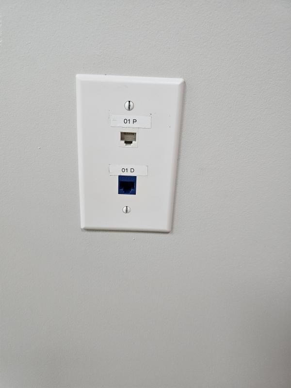 White wall plate with beige and blue network ports labeled 