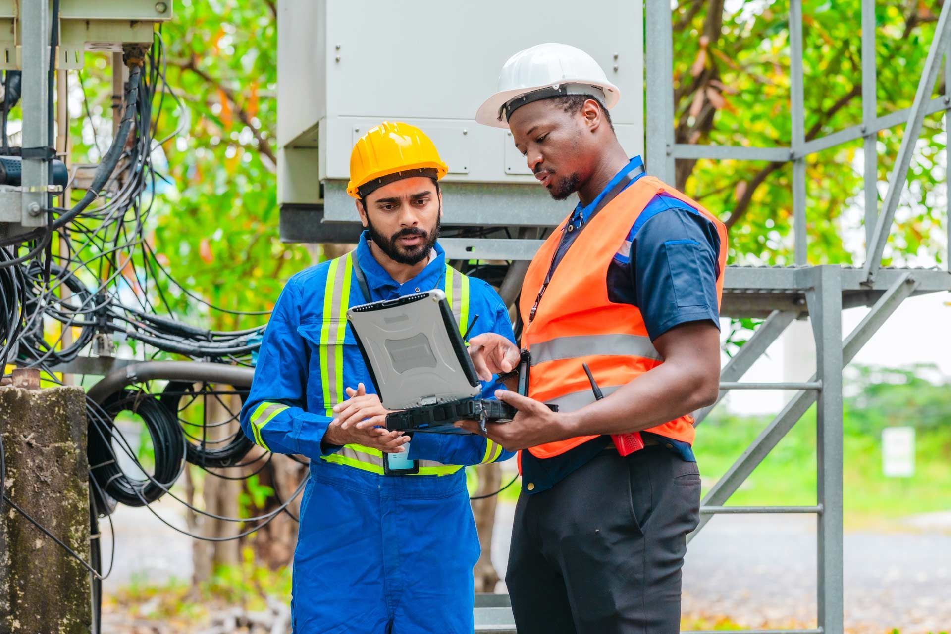 Two technicians in safety vests and helmets examining a laptop near telecom equipment outdoors.