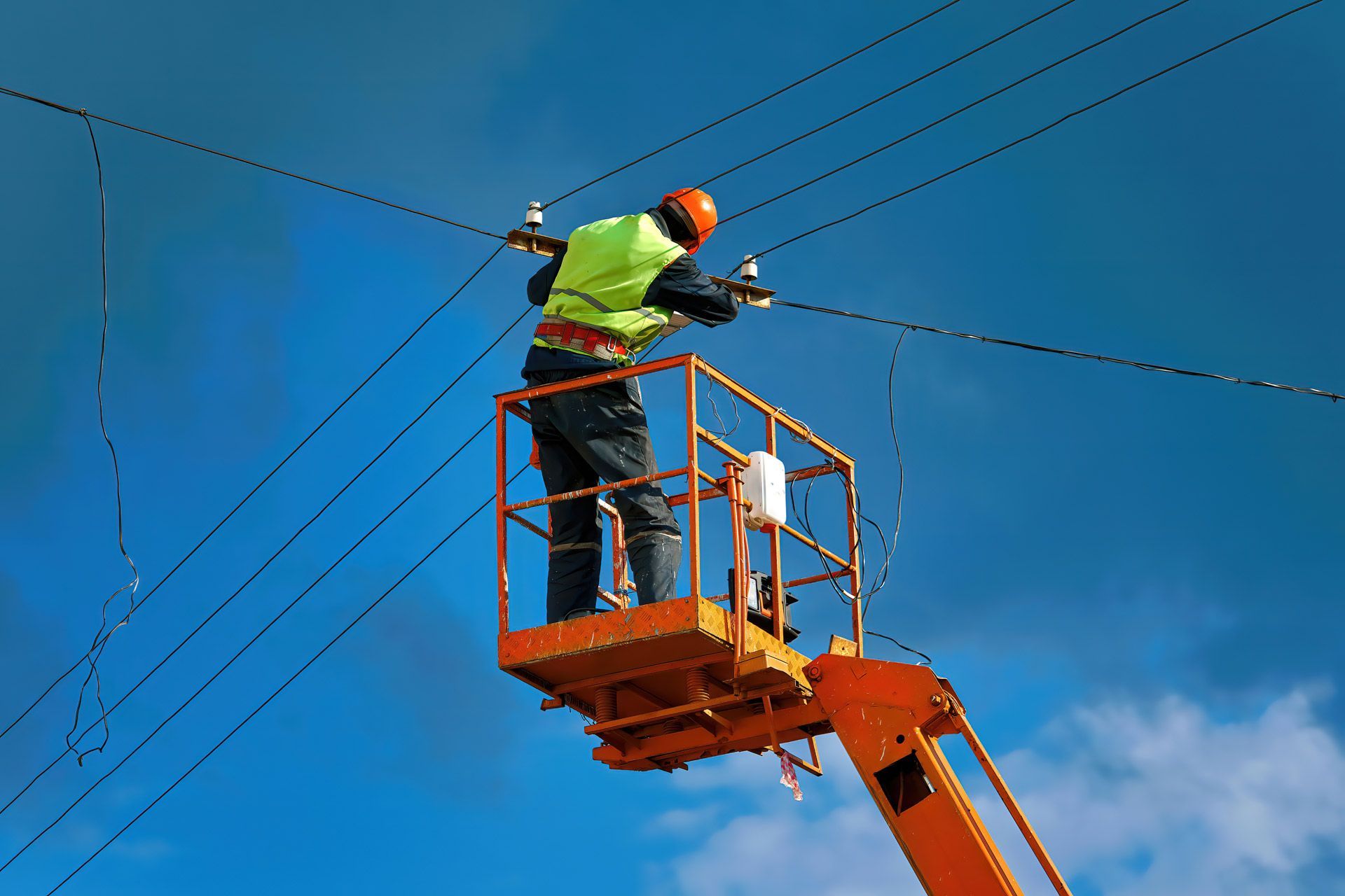 Lineman in safety vest on orange lift working on power lines against a blue sky.