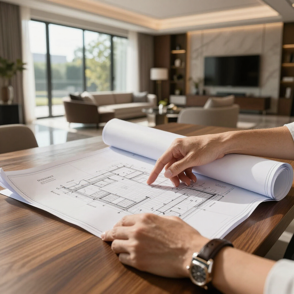 Hands point to a building floor plan laid out on a wooden table in a blurred, modern living room setting.