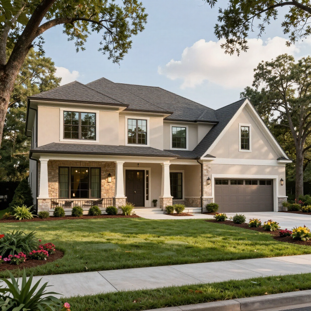 A two-story suburban home with a stone-accented facade, covered porch, and attached garage under a blue sky.