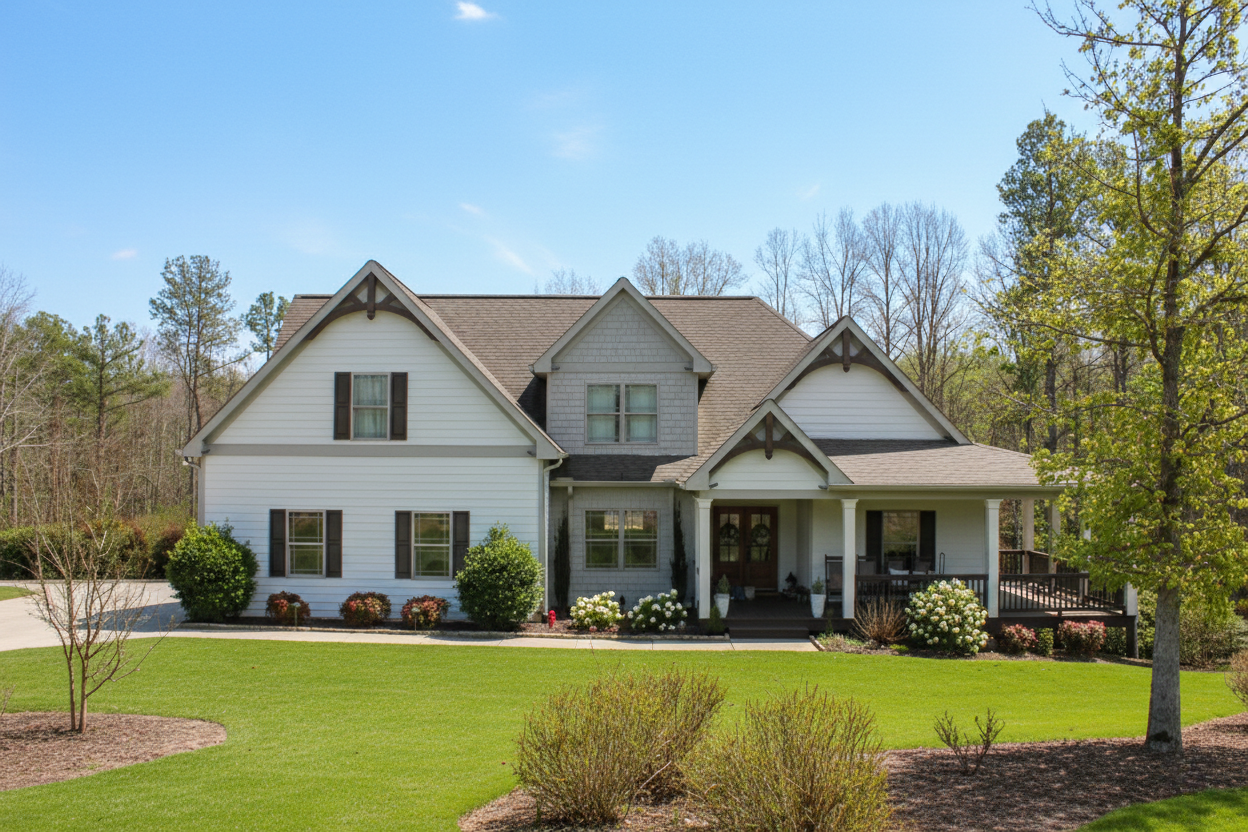 A two-story white house with dark shutters and a grey shingled roof, set against a blue sky with a green lawn and trees.