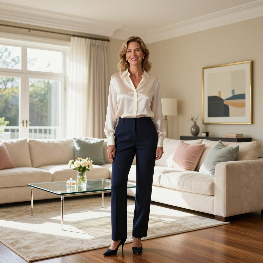A woman in a white silk blouse and navy trousers stands in a bright, modern living room with neutral-toned furniture.