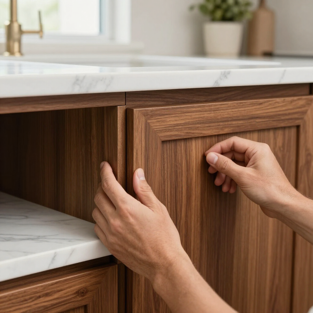 Hands adjusting a walnut cabinet door next to a marble countertop in a kitchen.