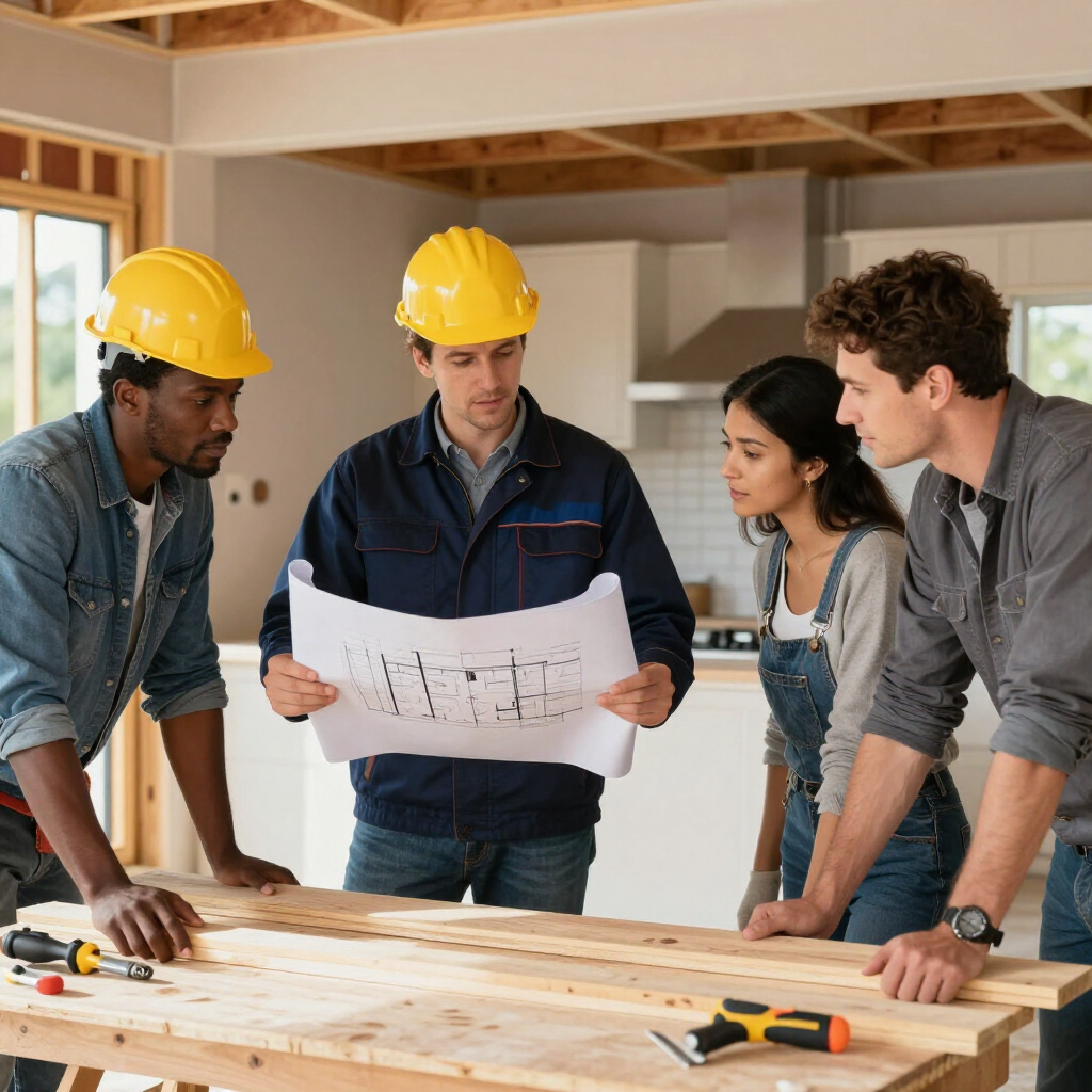 A person in a hard hat explains building plans to three colleagues on a construction site with wooden tables and tools.