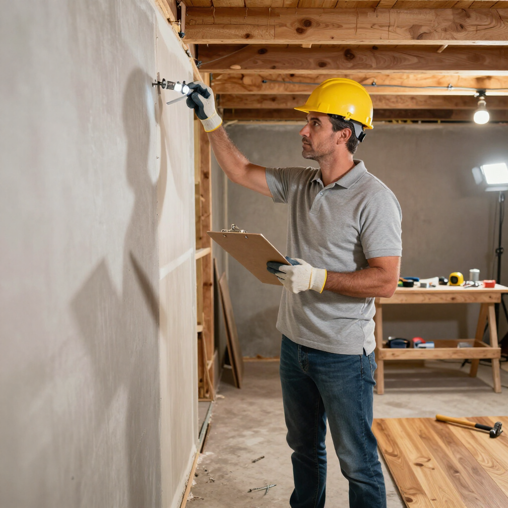 A worker in a hard hat inspects a wall with a flashlight and clipboard in an unfinished basement workspace.