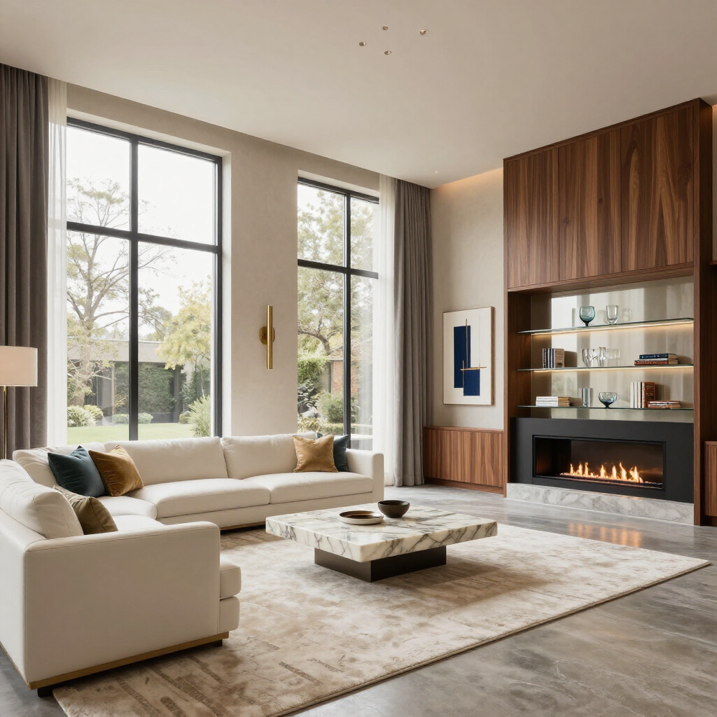 Modern living room with a large white sectional, marble coffee table, fireplace, and tall windows with natural light.