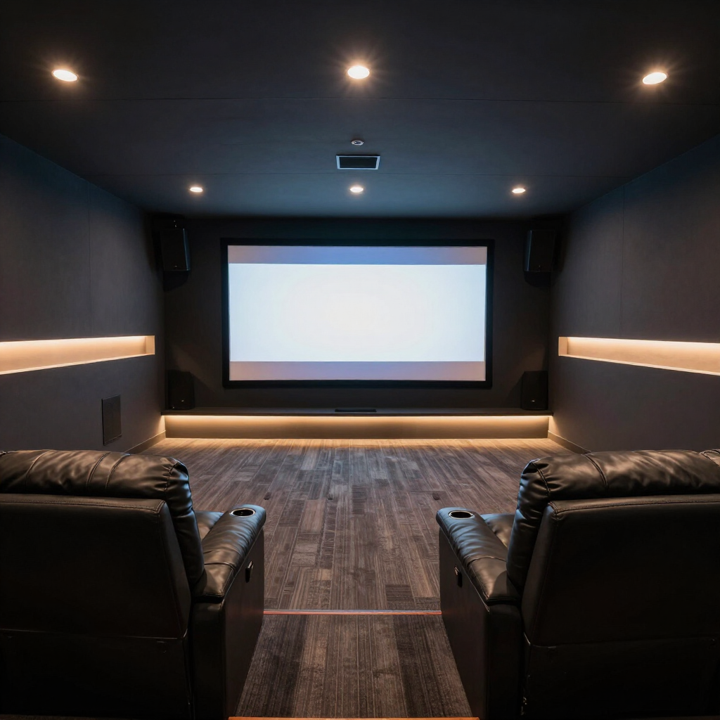 Home theater with two leather recliner chairs facing a large projection screen, accented by warm recessed wall lighting.