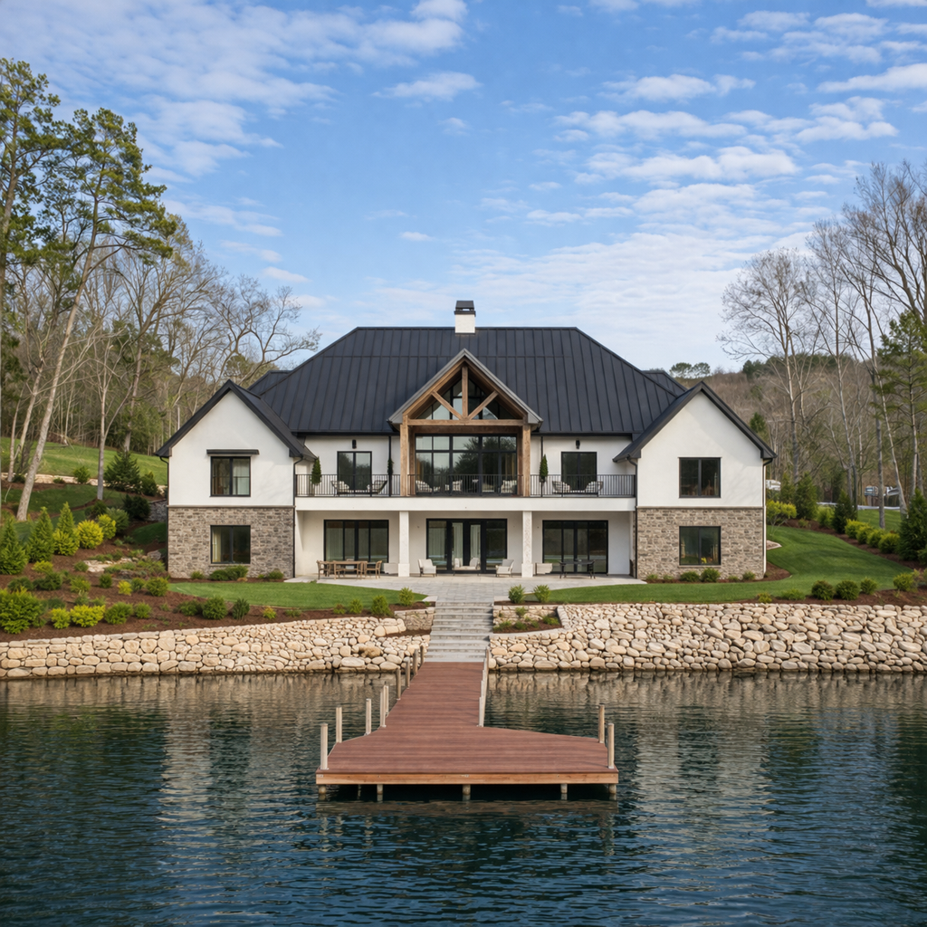 A modern white house with a stone base and black roof sits on a grassy hill overlooking a lake with a wooden pier.