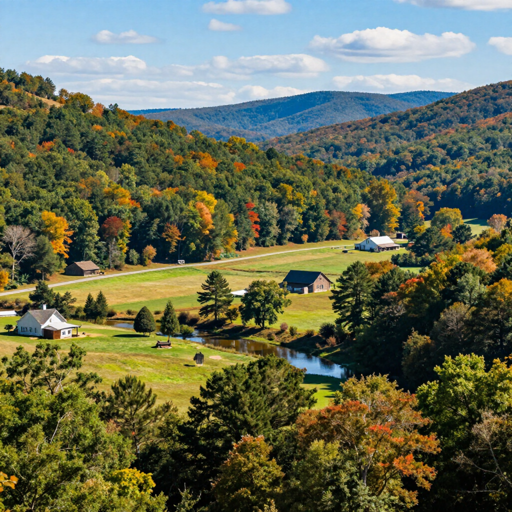A rural valley landscape with autumn trees, a meandering river, and houses nestled in a green field below distant hills.