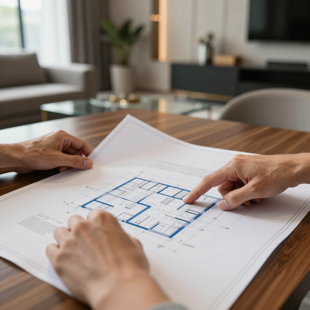 Hands pointing to a residential floor plan on a wooden table in a modern living room.