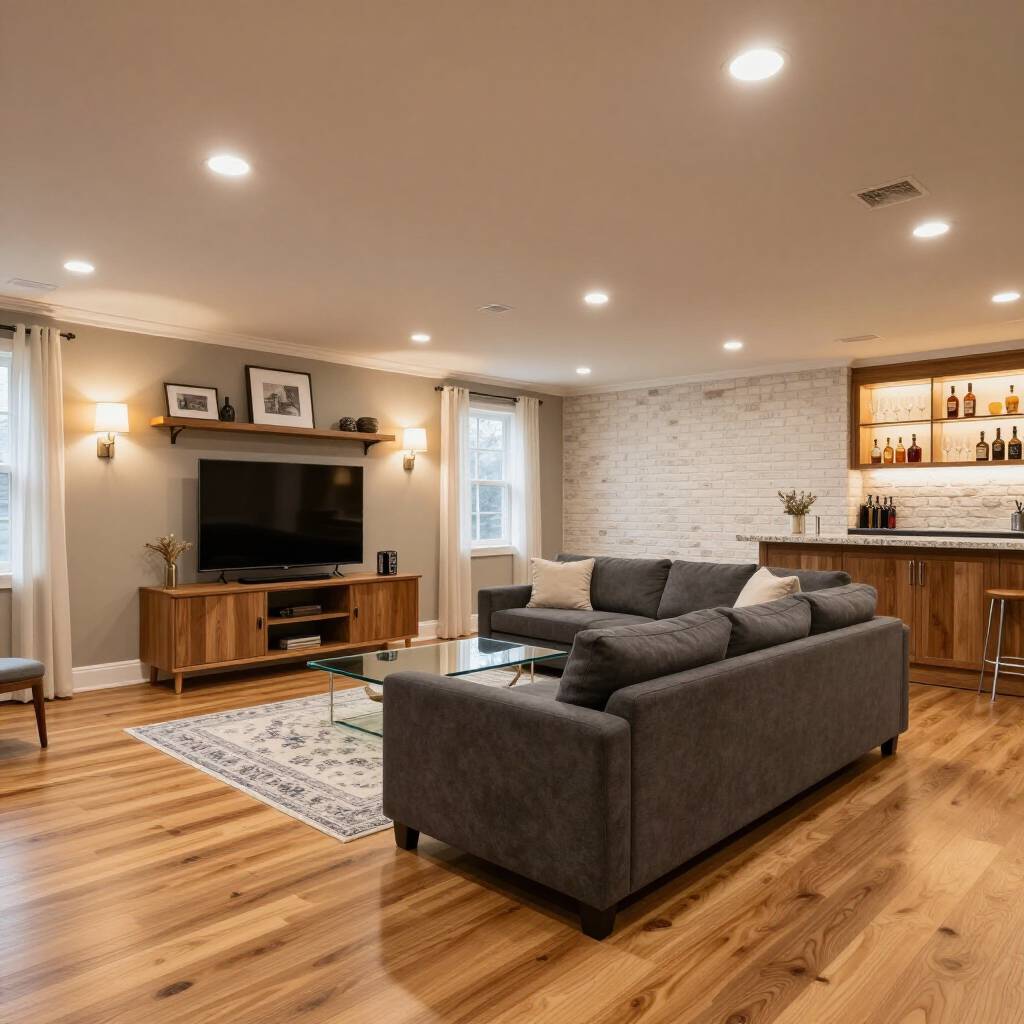 A modern finished basement with wood floors, a gray sectional sofa, a television on a media console, and a home bar.