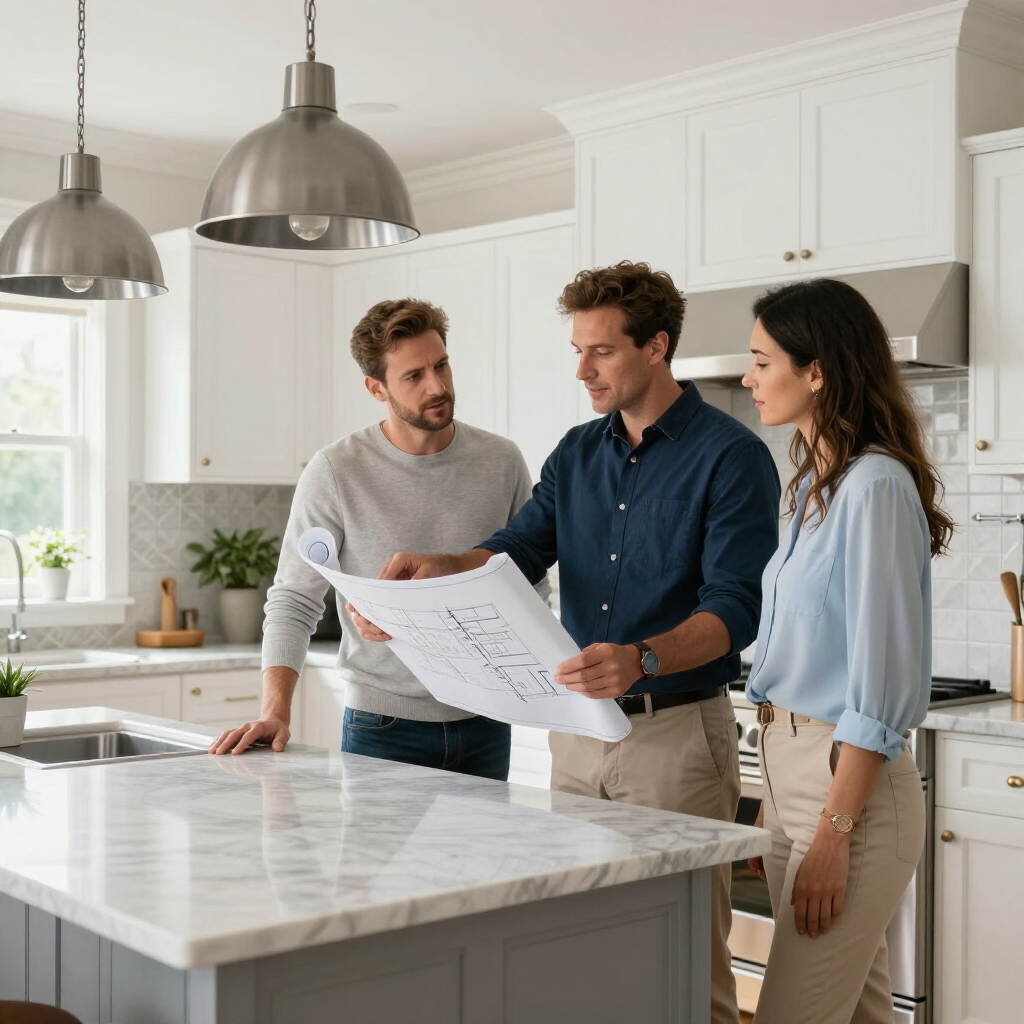 Three people stand around a marble kitchen island reviewing architectural blueprints in a brightly lit modern kitchen.
