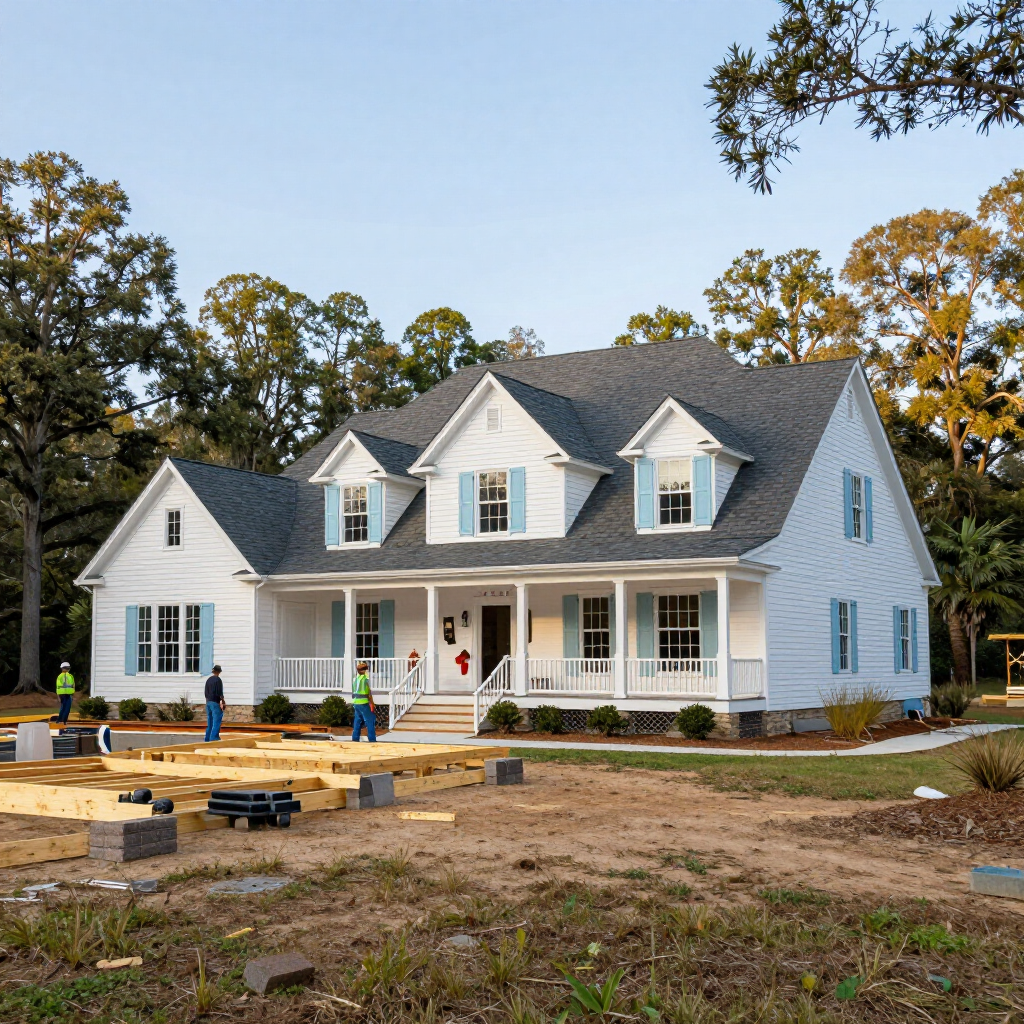 A white house with blue shutters stands under a clear sky, with construction workers on the lawn in front of it.