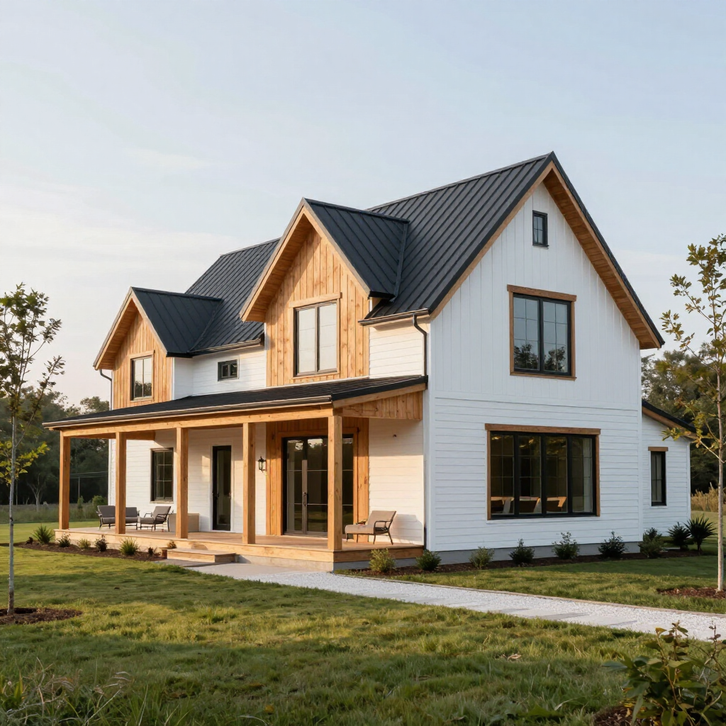 A modern white farmhouse with wood accents, a black metal roof, and a front porch, set in a grassy landscape at sunset.
