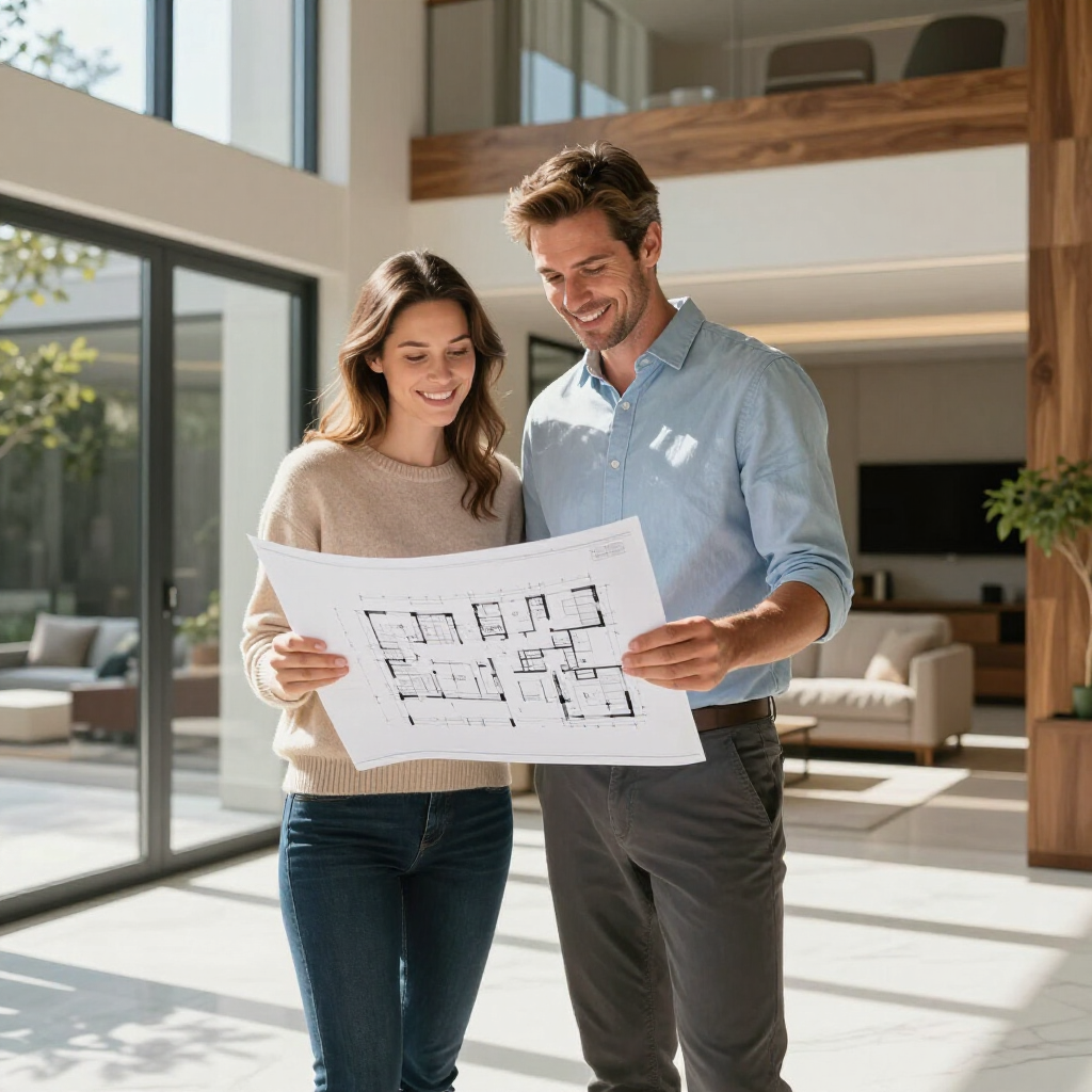 Two people holding architectural blueprints in a bright, modern, open-concept living room.