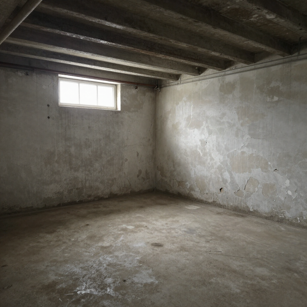 An empty basement room with unfinished concrete walls, a textured floor, exposed ceiling beams, and a small, bright window.
