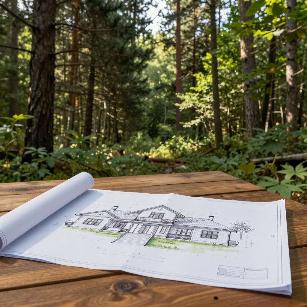 Architectural drawing of a house on a wooden table, with a forest background.
