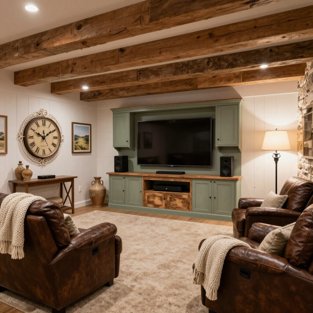 A cozy living room with wooden ceiling beams, green built-in cabinets around a TV, and two brown leather armchairs.