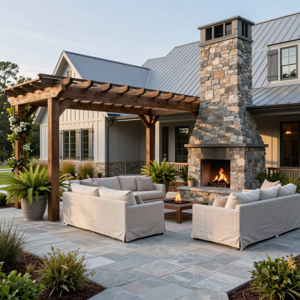 Patio with cream-colored sofas, a stone fireplace, and a wooden pergola set against a modern farmhouse exterior.
