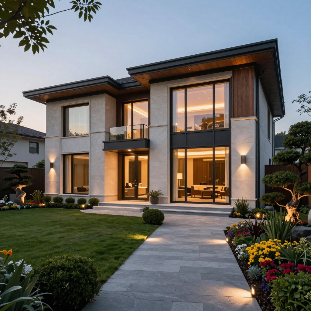 A two-story modern home with stone siding, large glass windows, and warm lighting, featuring a landscaped lawn and path.