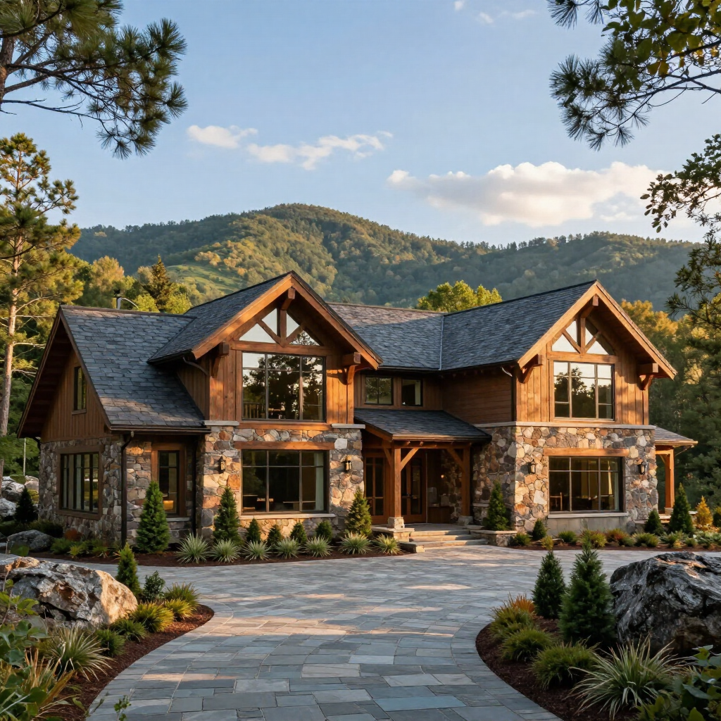 A two-story mountain home with stone siding and wood accents, set against a backdrop of hills, with a stone driveway.