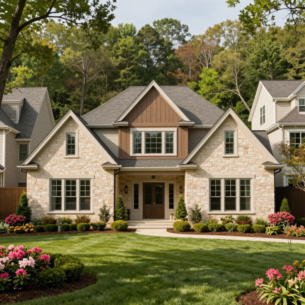 A two-story stone and brown siding house with a lush front lawn, flowerbeds, and a forest backdrop.