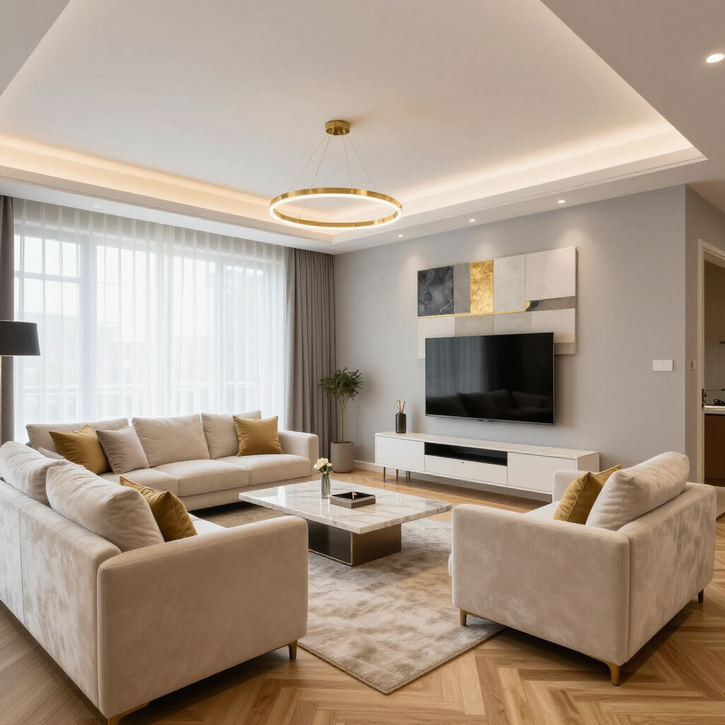 Modern living room with a cream sofa and armchairs, a marble coffee table, and a wall-mounted TV on a light gray wall.