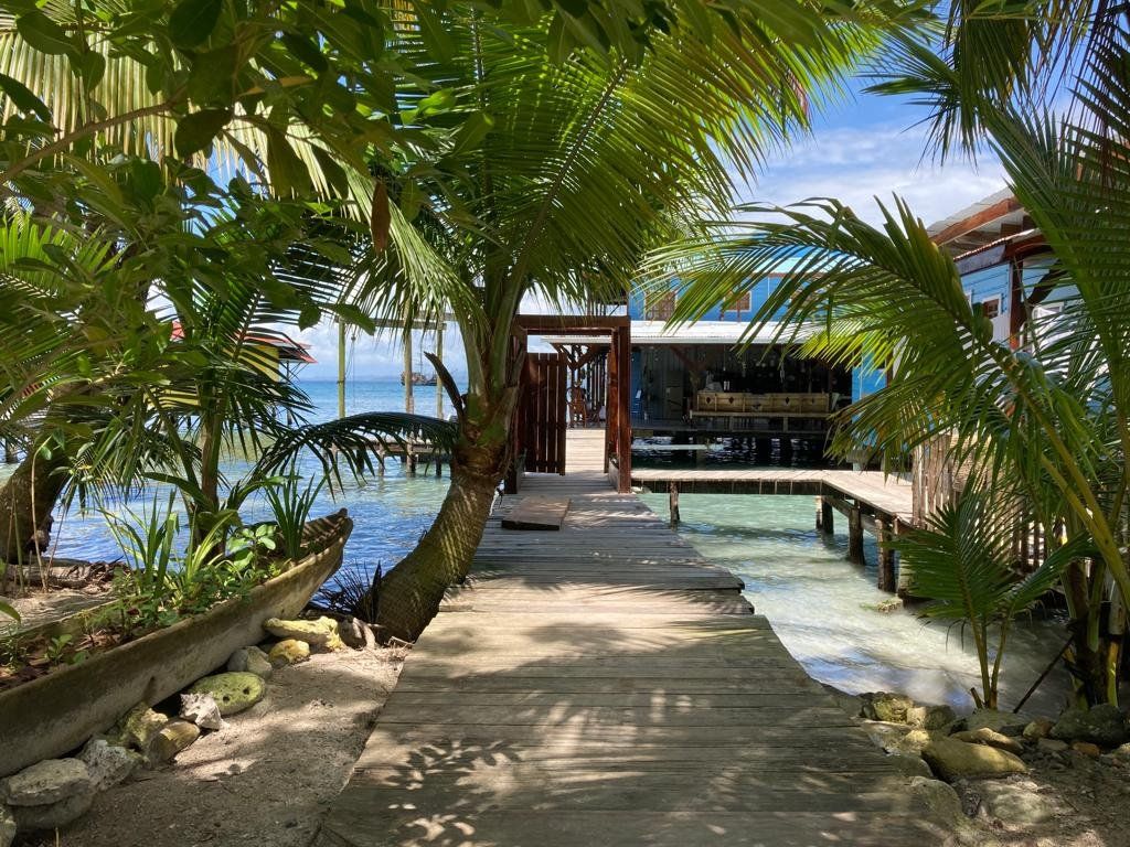 A wooden walkway leading to a house on a tropical island surrounded by palm trees.