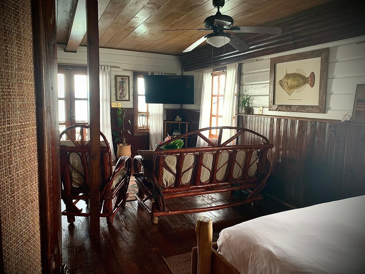 A living room with a bed , chairs , a television and a ceiling fan.