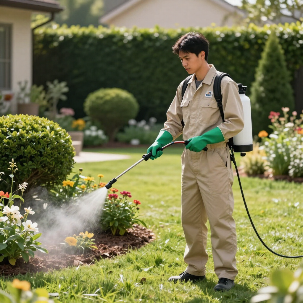 Gardener in beige uniform spraying flowers with a hose in a sunny suburban garden