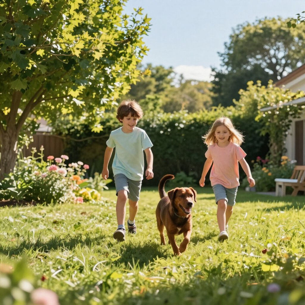 Two children and a brown dog running through a sunny backyard garden
