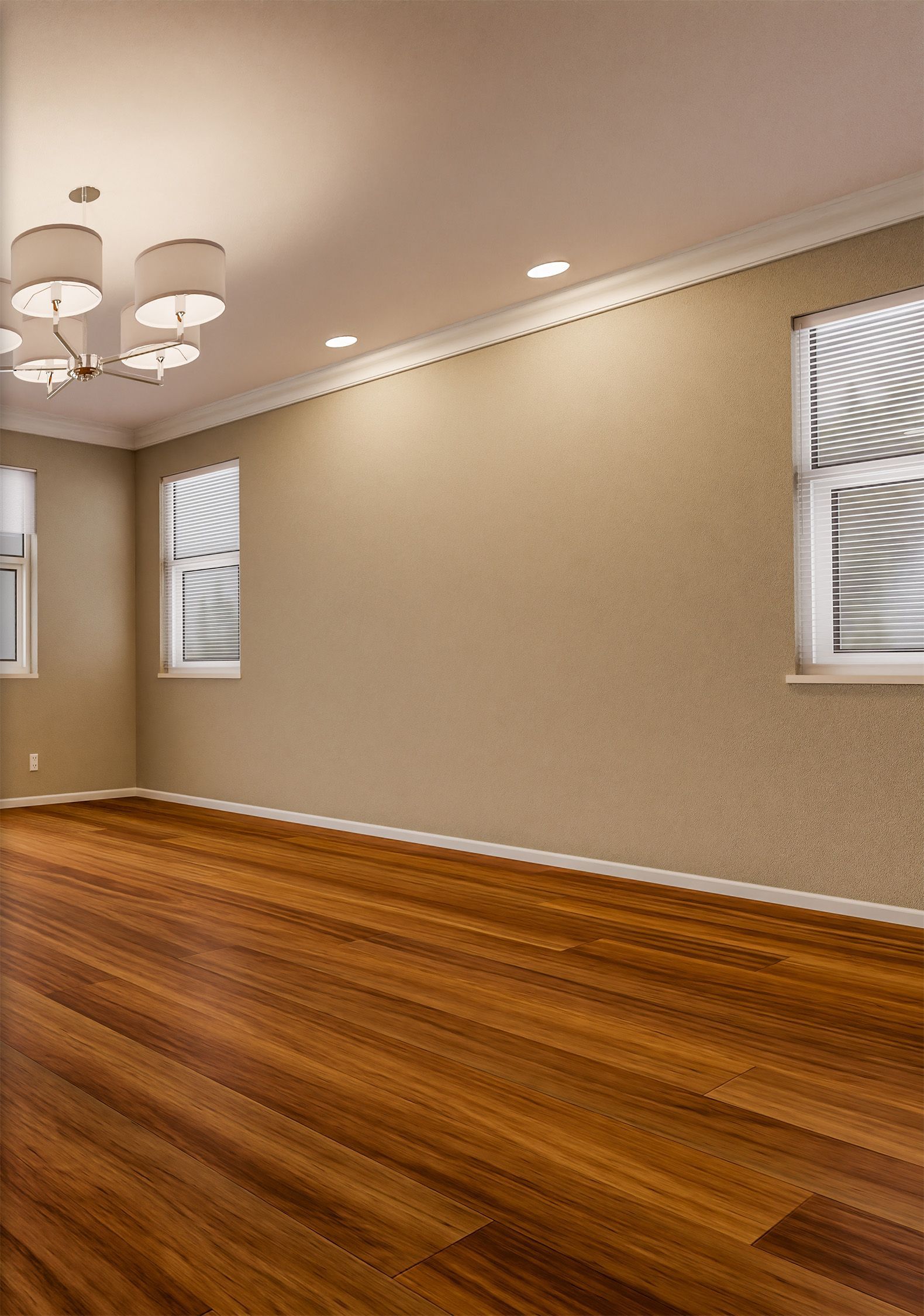 Empty room with hardwood floors, beige walls, windows with blinds, and recessed lighting.