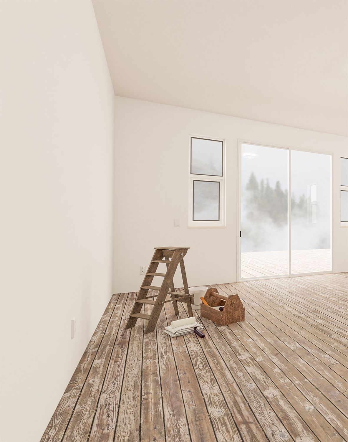 Empty room with wood floors, ladder, paint supplies, and window with a blurred outside view.