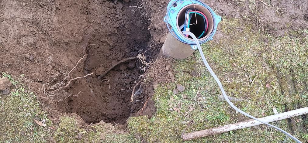 Hole in the ground with wires and a blue electrical box. Earth and grass in the surrounding area.